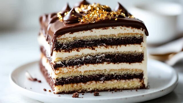 G&acirc;teau dessert au chocolat et &agrave; la cr&egrave;me avec des feuilles d'or sur le dessus.