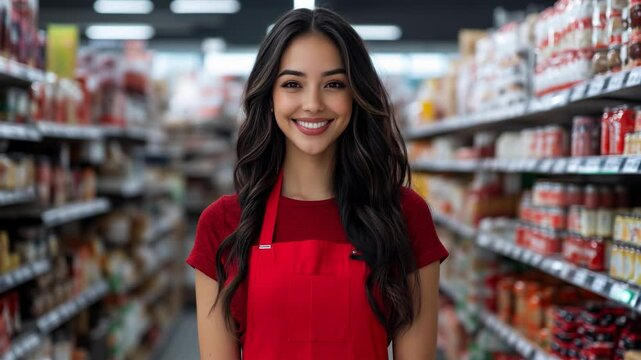Femme brune souriante, employ&eacute;e, vendeuse dans un supermarch&eacute;.