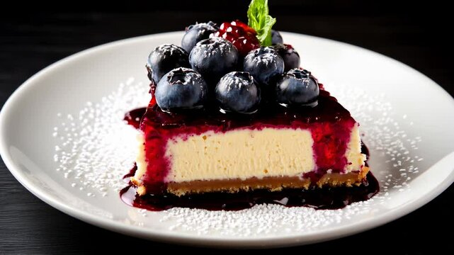 G&acirc;teau dessert cheesecake aux myrtilles et son coulis.