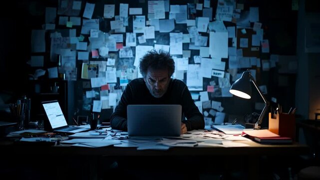 Homme de face travaillant sur son ordinateur de nuit &agrave; son bureau avec plein de papiers partout.