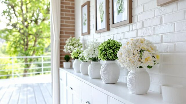 Pots de fleurs sur une commode dans une pi&egrave;ce de vie ensoleill&eacute;e avec vue sur la nature.