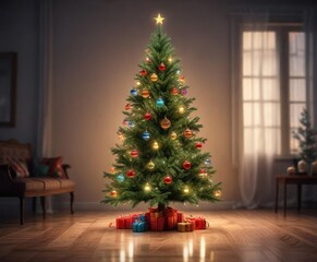 Tall evergreen Christmas tree with sparkling ornaments and colorful lights , winter wonderland, festive decor
