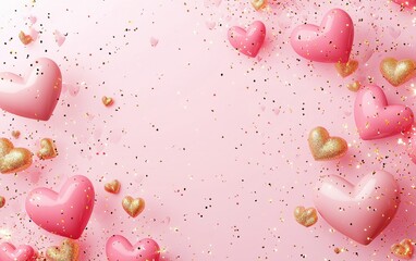 Soft pink gradient background decorated with 3D hearts and golden sparkles, with a stylish blank space for personalized text for Valentines Day, 8 March, and International Womens Day