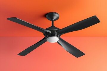 A contemporary black ceiling fan set against a white backdrop, furniture, and home décor design, Generative AI.