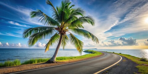 Coconut palm tree with curved trunk leaning over asphalt road with a serene tropical seascape in the background, island atmosphere, asphalts road