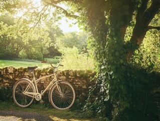 vintage-style touring bicycle resting against ancient stone wall, ivy climbing nearby, dappled sunlight through tree canopy, pastoral countryside scene