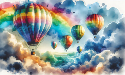 Obraz premium Farbenfrohe Heißluftballons in Regenbogenfarben fliegen am Himmel, copy space