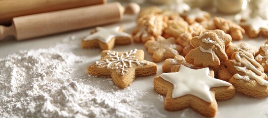 Delicious iced star-shaped gingerbread cookies on a floured surface with a rolling pin.