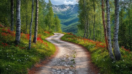 Obraz premium Winding mountain path through birch forest with wildflowers.