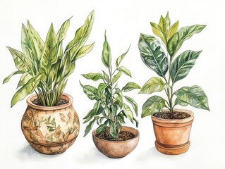 Obraz premium watercolor botanical illustration collection featuring lush houseplants, detailed leaves and natural terracotta pots