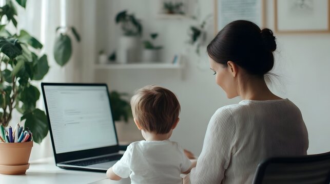 Supportive Mother Helping Child with Homework in Cozy Home Office