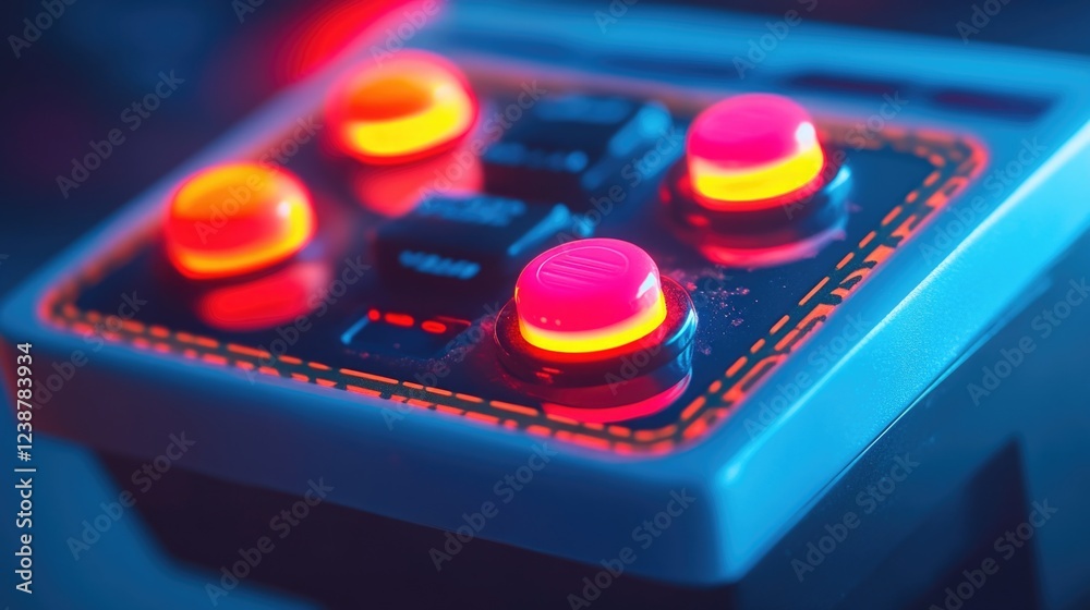 Poster a close up of a control panel with red and yellow lights, ideal for use in technical or industrial s