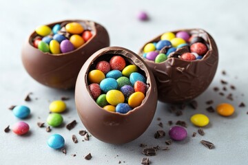 Colorful candies and chocolate chips fill this decorative Easter egg