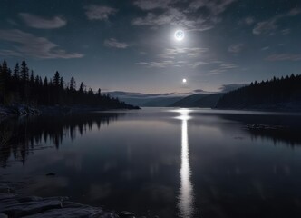 Fototapeta premium The moon casts a silver glow over Lake Superior's calm surface at night, moonlight, reflection