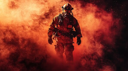 Fototapeta premium Firefighter in full gear battling roaring flames amid thick smoke, symbolizing bravery, rescue, and emergency response. Perfect for safety, disaster relief, and first responder themes.