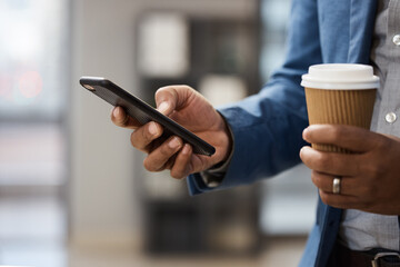 Hands, coffee or businessman in city with phone or online connection for text message or social...