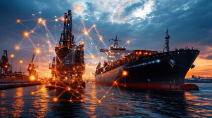 Fototapeta premium futuristic smart port with massive ship unloading cargo at sunset, showcasing advanced technology and connectivity in maritime operations