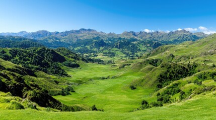 Naklejka premium Sunny mountain valley landscape, green hills, scenic vista, travel poster