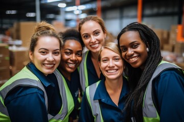 Smiling portrait of a young and diverse group of female warehouse workers