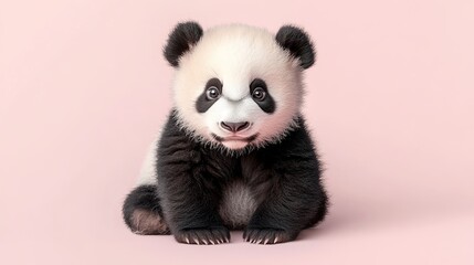 Obraz premium A chubby panda cub sitting on a light pink background, full-body, high-definition. pic