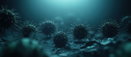 Fototapeta premium Microscopic virus cluster, dark surface, glowing background, medical illustration