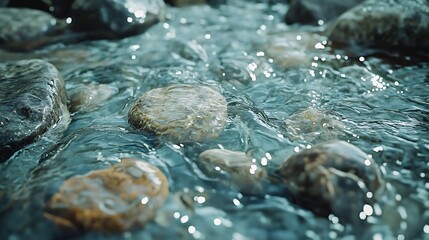 Gently flowing water swirls around smooth river rocks bathed in soft sunlight.. AI Generated