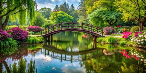 Fototapeta premium Bridge over serene pond in park surrounded by lush greenery and vibrant flowers, outdoor setting, natural beauty