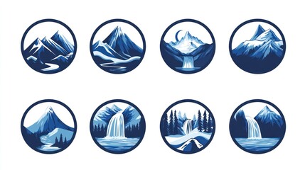 Mountain, waterfall, nature icons; landscape design elements