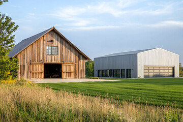 Obraz premium Rustic barn and modern metal building on a green field.