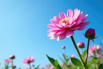 Chicory plant in full bloom against a blue sky, cichorium intybus bloom, sky, blossom