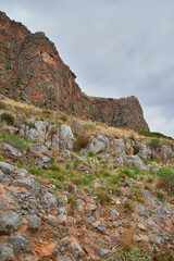 mountain landscape in the mountains with monemvasia on the top