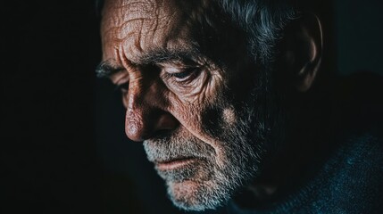 Obraz premium Elderly man, pensive portrait, dark room, low light, emotional