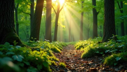 Naklejka premium dappled sunlight peeking through forest floor, nature, filter
