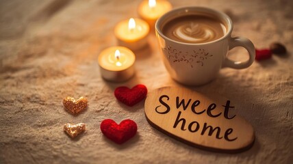 Cozy home setup with coffee, candles, and decorative hearts during evening time