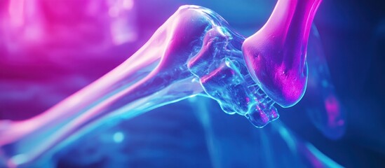 Neon-lit leg bone joint; medical illustration, science background