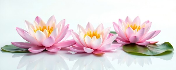 Fototapeta premium Delicate water lily flowers float on a serene white background, serene, whitebackground