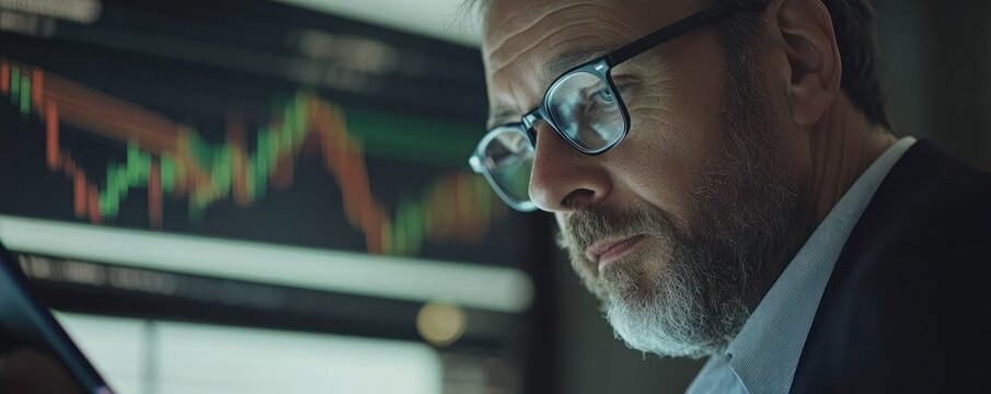 Focused businessman reviewing data on mobile, stock market charts in background