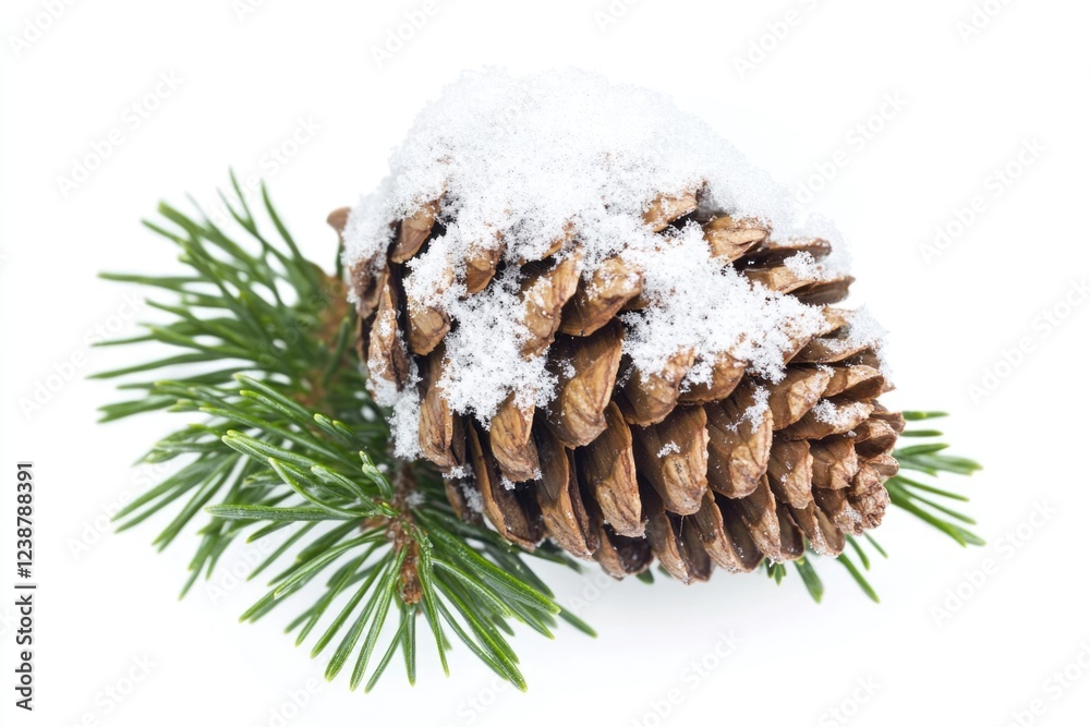 Poster a pinecone covered in snow sits atop a pine tree, adding a touch of winter charm