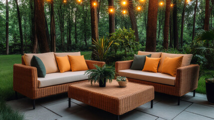 Cozy outdoor patio setup with rattan furniture, cushions, and ambient lighting. Perfect for summer gatherings in serene forest setting