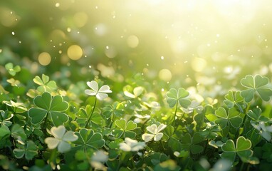 Traditional Saint Patrick Day clover meadow with a soft golden glow and a peaceful text space