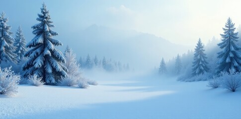 Fototapeta premium Frosty blue mist floats above snow-covered trees, winter silence, frosted landscape