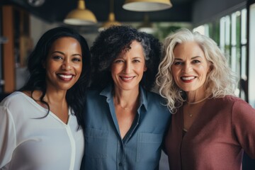 Fototapeta premium Portrait of a smiling group of body positive middle aged businesswomen in office