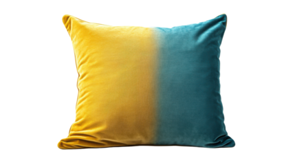 Yellow and teal velvet cushion on transparent background
