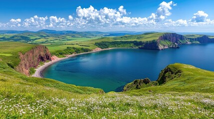 Obraz premium Coastal bay scenic view, sunny day, green hills, travel poster
