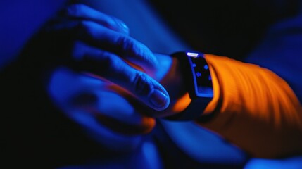 Night runner checks smartwatch, neon lights blur