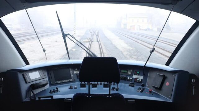 View through the windshield in the driver's cabin of a moving train
