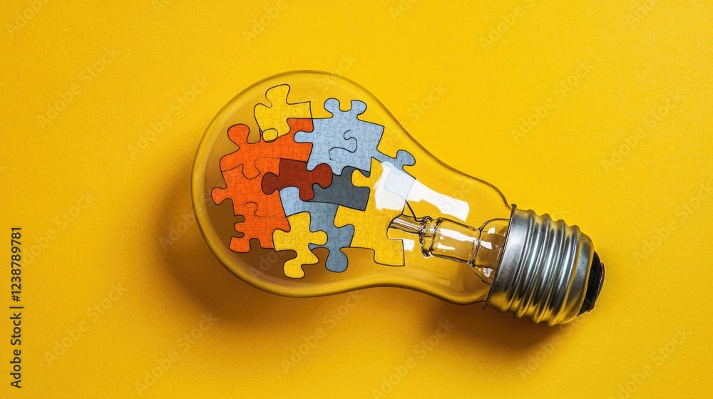 Poster a light bulb containing a jigsaw puzzle piece, symbolizing innovation and problem-solving
