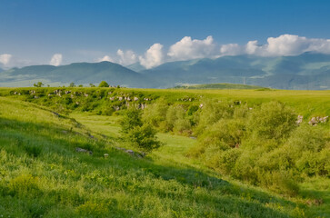 Bazum mountains, Urut river canyon and Stepanavan farmlands scenic view from Bovadzor village (Lori province, Armenia)