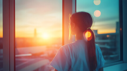 nurse looking out a hospital window blended with a sunrise and abstract healing light effects 