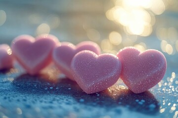 A collection of pink hearts arranged on a table, possibly for decoration or celebration